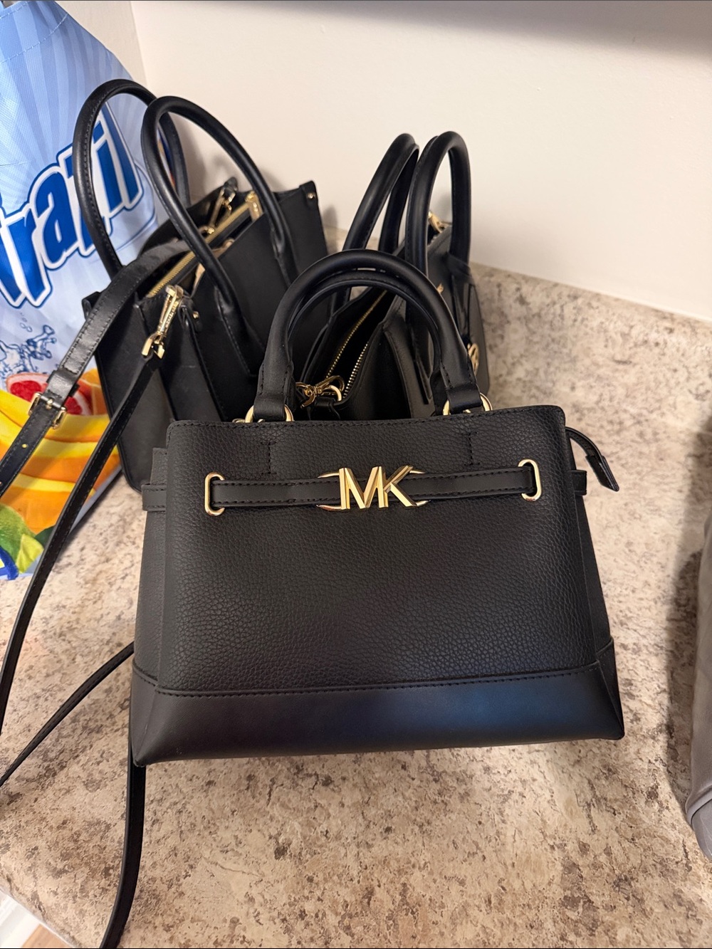 Michael Kors Black Pebbled Leather Satchel with Gold MK Accent